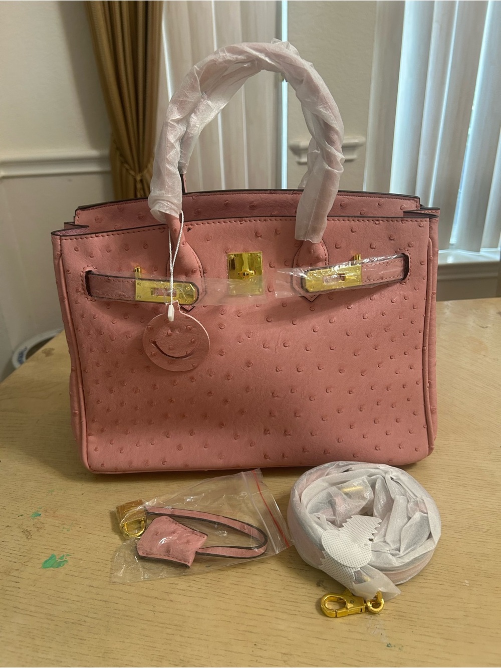 Pink Ostrich-Texture Top-Handle Bag UNBRANDED BIRKIN STYLE - Picture 8 of 8